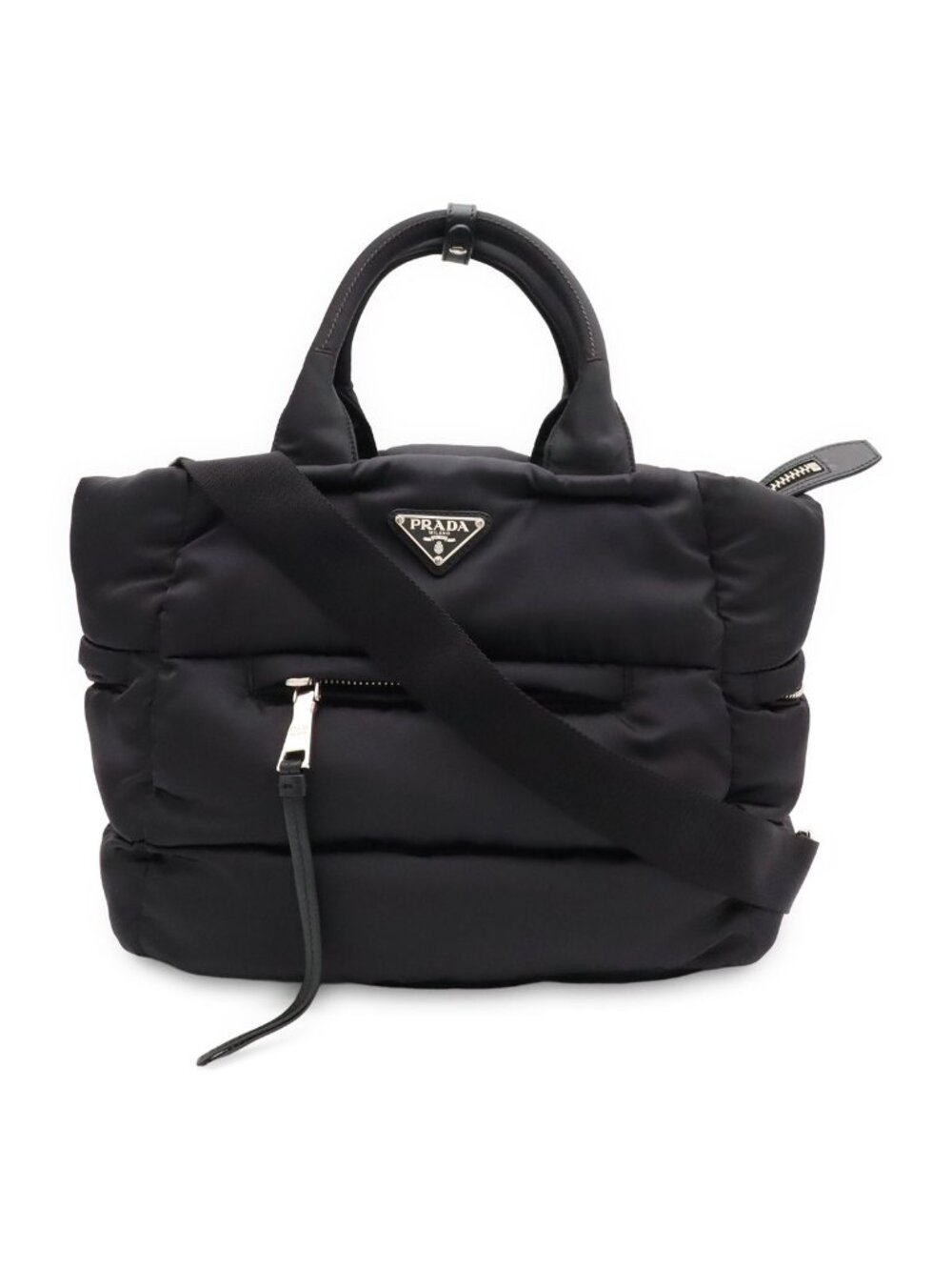 Prada Bomber Triangle Logo Tote 2-Way Shoulder Bag Nylon Leather Nero Black